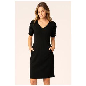 Cabi Black Minimalist Dress Ponte Fabric Ruched Sleeves 8327 Size Small